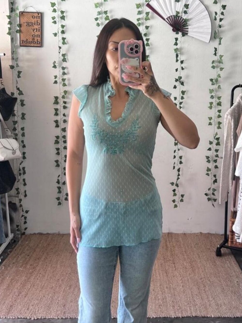 Vintage Y2K Windsor light blue sheer ruffle top with floral embroidery size S